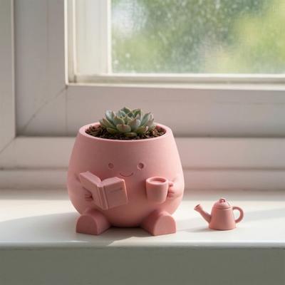 Süßer lächelnder Gesichtstopf, 3D-gedruckter Lesekopf-Pflanztopf, sitzende Figur mit Buch und Tasse Pflanztopf für Sukkulenten Kaktus Schreibtischdekoration