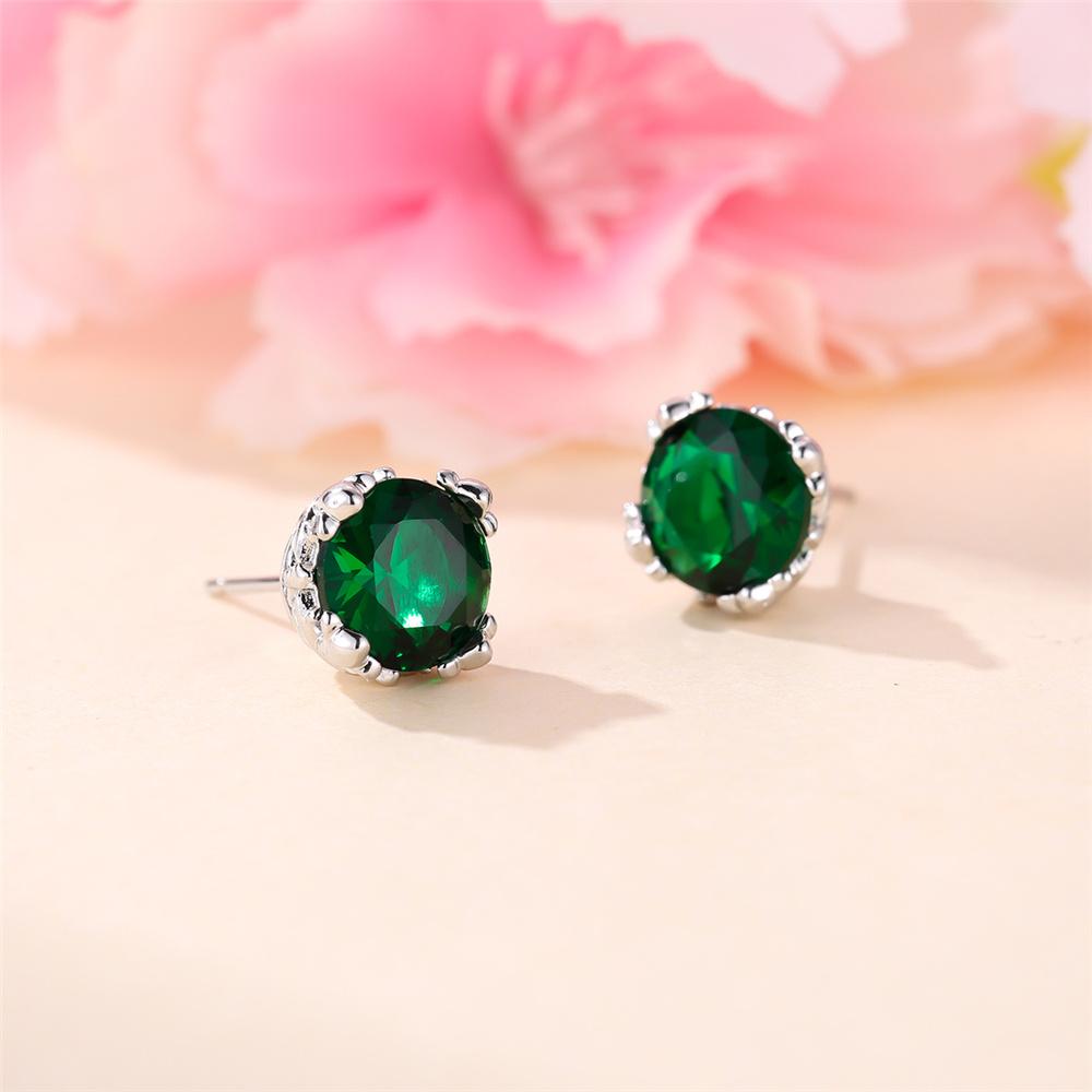 Cute Female Green Round Zircon Stone Stud Earrings Unique Silver Color Wedding Jewelry For Women