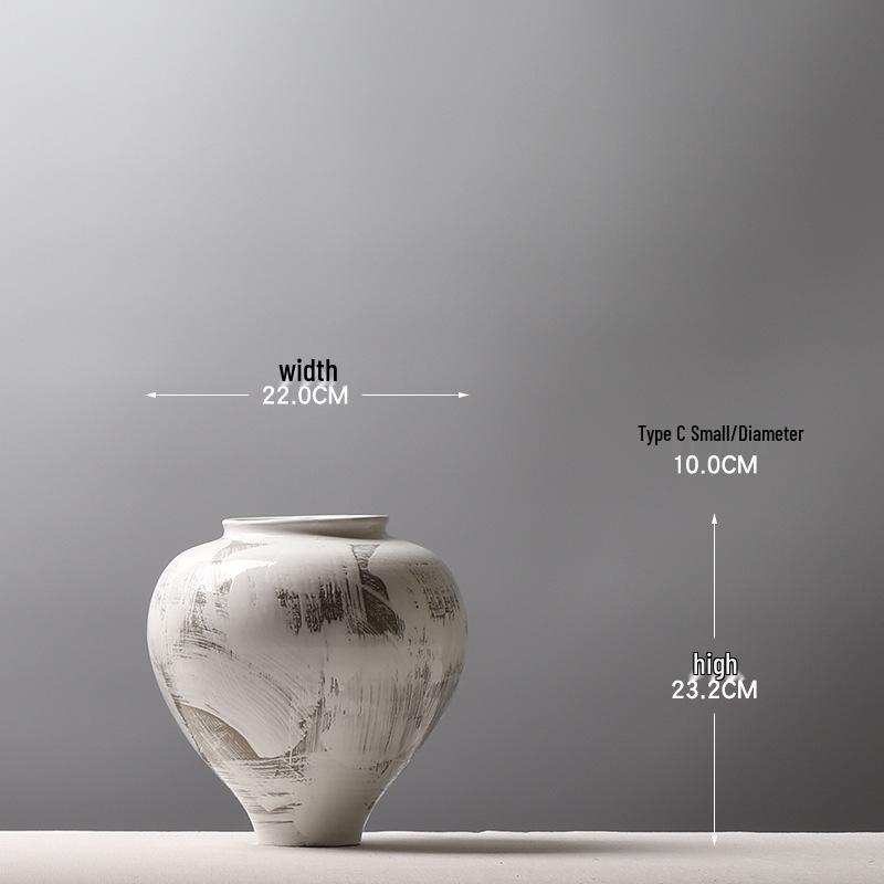 Large Modern Minimalist Chinese Zen White Glazed Art Pottery Vase with Hand-Painted Sweep Stroke Pattern