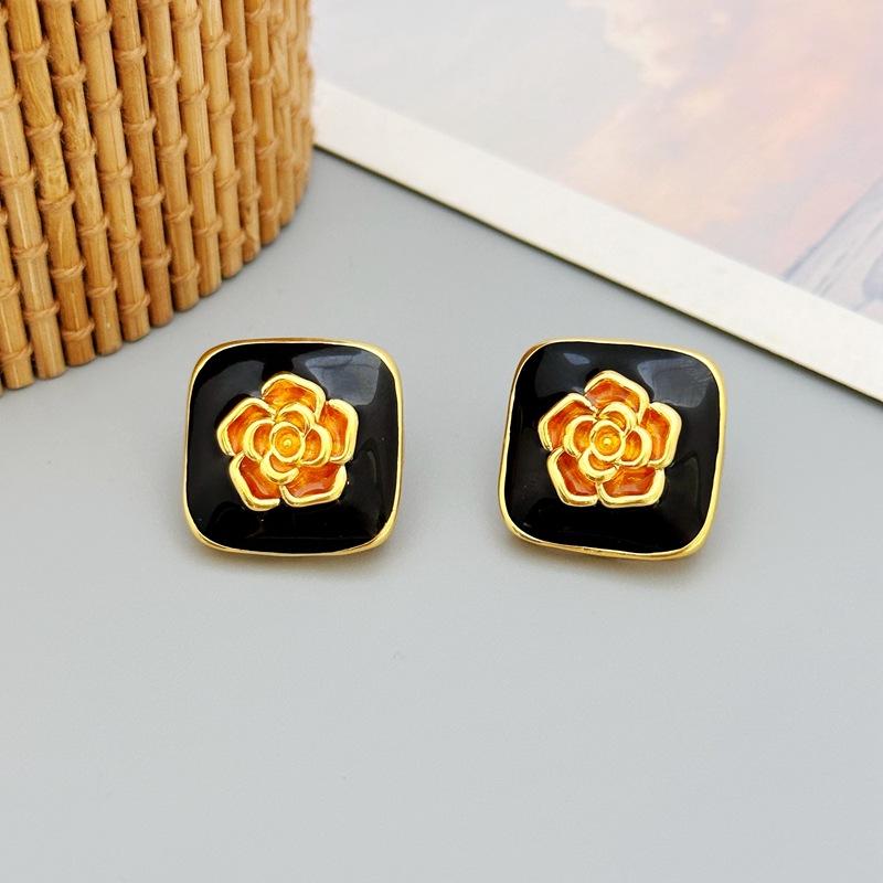 Simple Trade Light Luxury Pastoral Style Enamel Glaze Camellia Square Geometric Stud Earrings Women