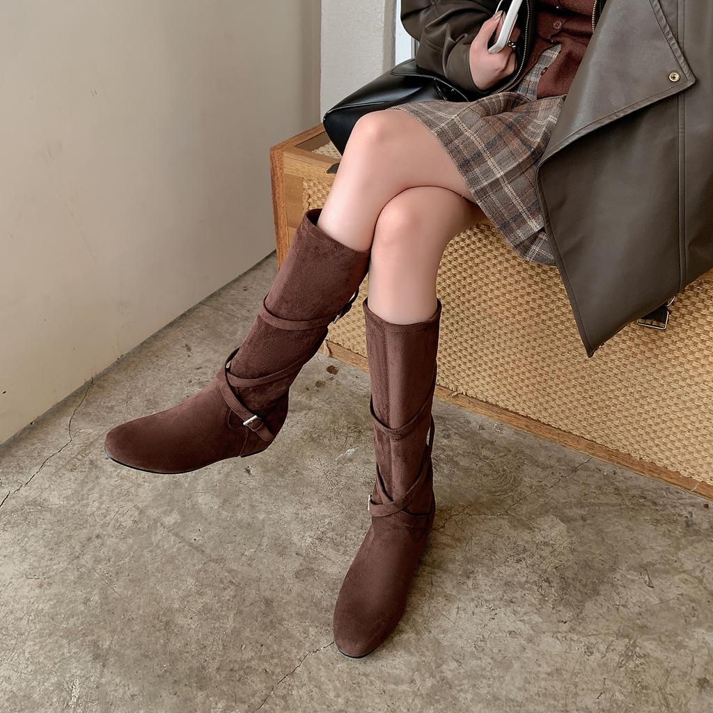 Retro temperament thick heel khaki over-the-knee boots women's boots small slim inner heightening stacking boots knight boots