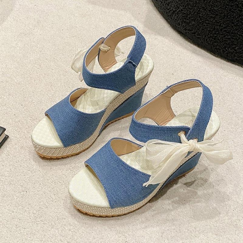 

New women s sandals wedge heel lace fish mouth women s Velcro one-word buckle muffin thick bottom 41 синий