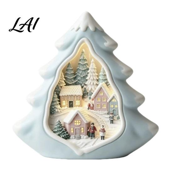 Indoor Winter Wonderland Ornaments Christmas Wooden Tabletop Decor with Warm LED Lights 2D Printed Snow Village Scene Tree Figurines Santa