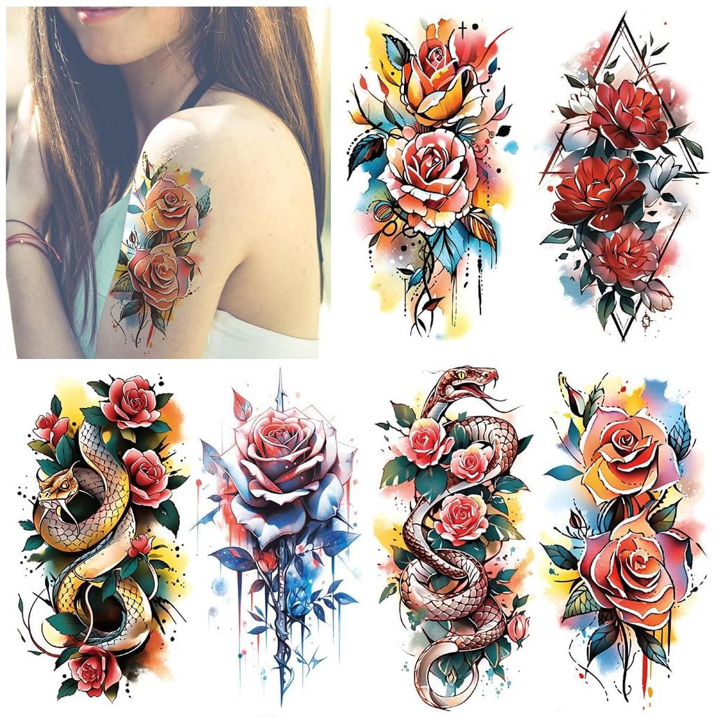 MAYCREATE® 6 Sheets Watercolor Rose Temporary Tattoos For Women Arm Girls Adults, Water Color Peony Flower Tattoo Sticker, Bulk Temp Fake Long Lasti