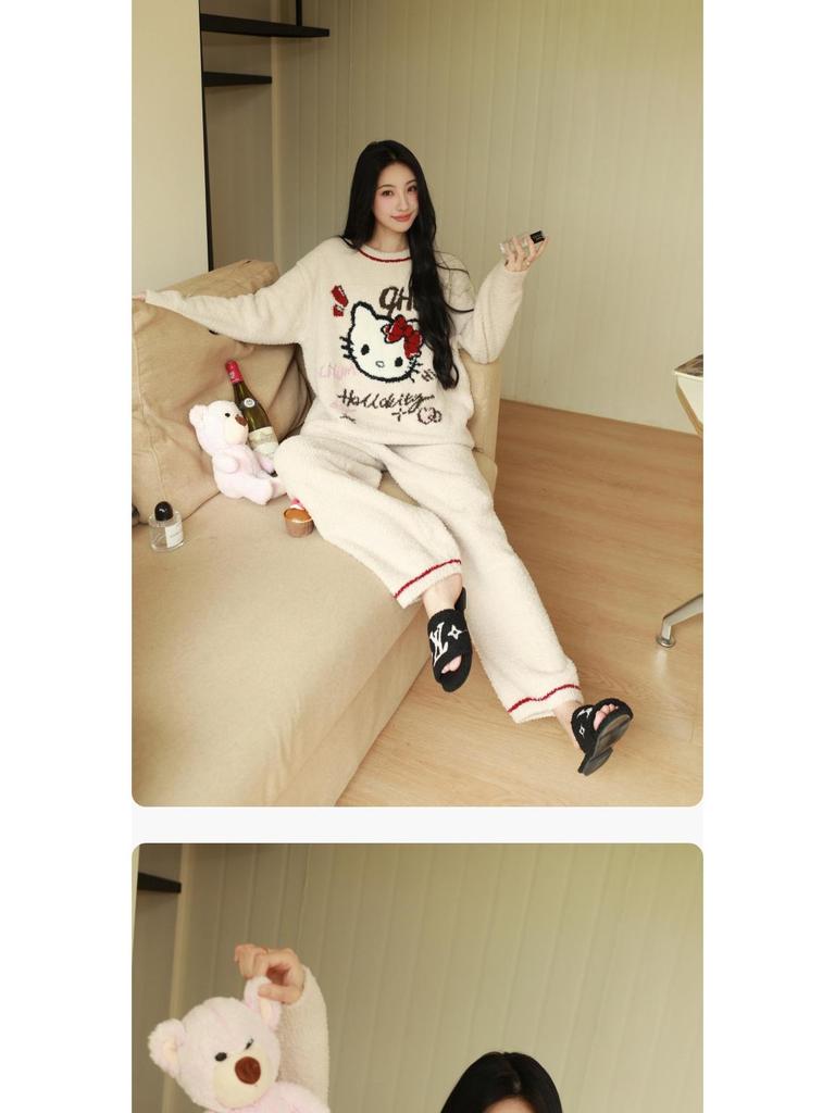 2025 Autumn/Winter Women's KT Cat Thickened Velvet Pajamas Set - Warm Long-Pile Fleece Homewear