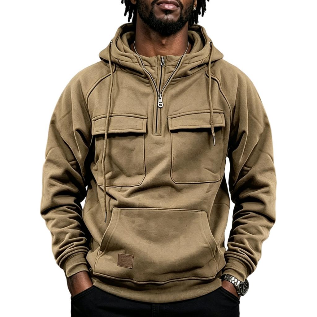 Men's Lined Hooded Pullover Sweatshirt with Multiple Pockets