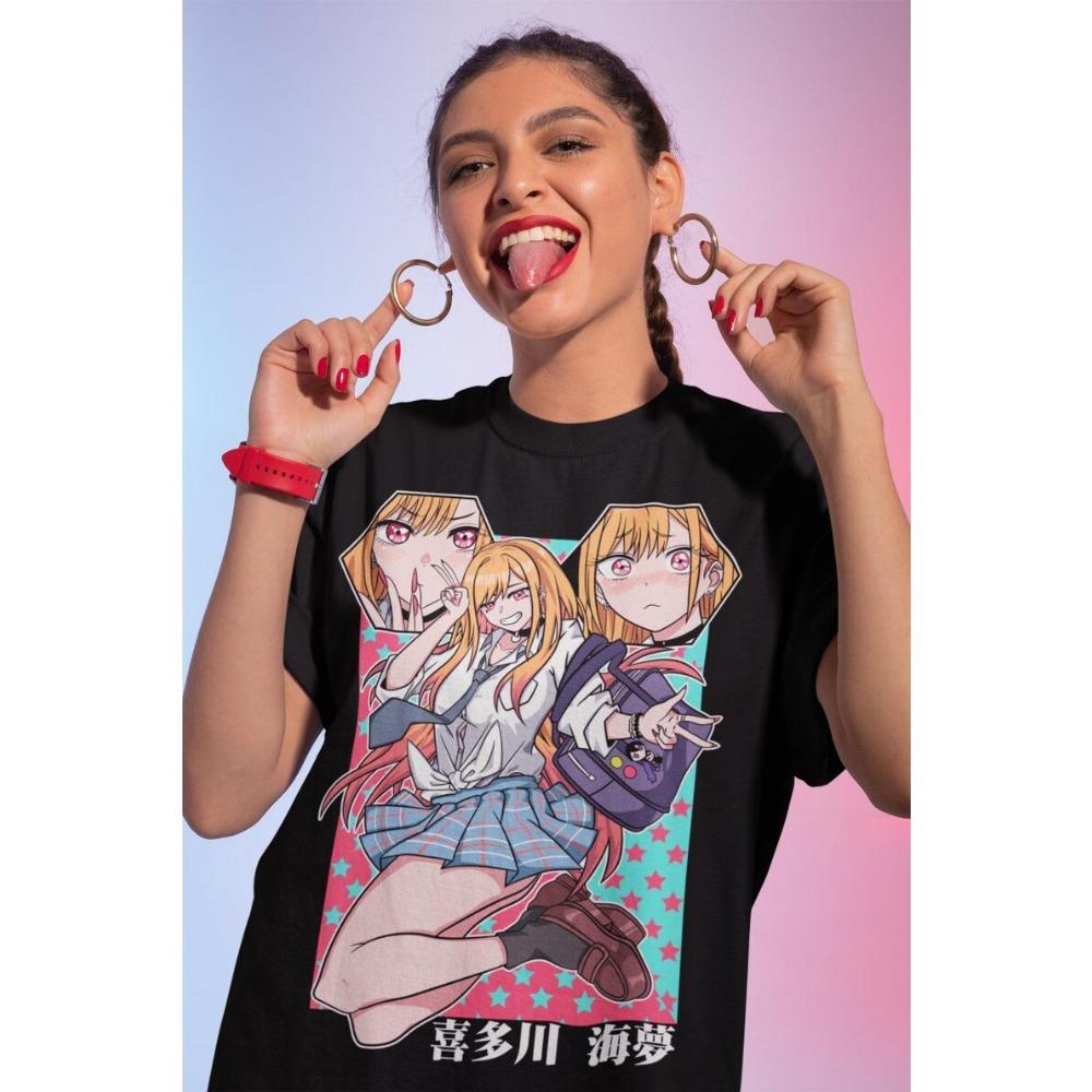 My Dress-Up Darling Marin Kitagawa Multi-Expression Collage Vintage Anime T-Shirt, Unisex Rom-Com Anime Fan Streetwear Tee, 100% Cotton Casual Short