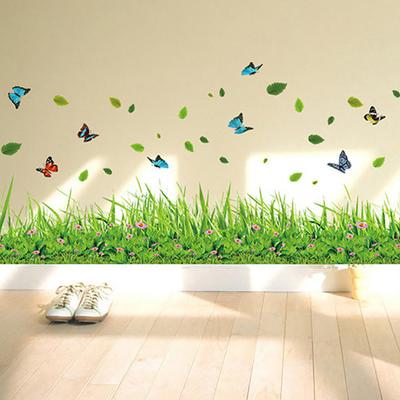 Green Grass Butterfly Flowers Baseboard PVC Wall Sticker Room Home Decal Decor