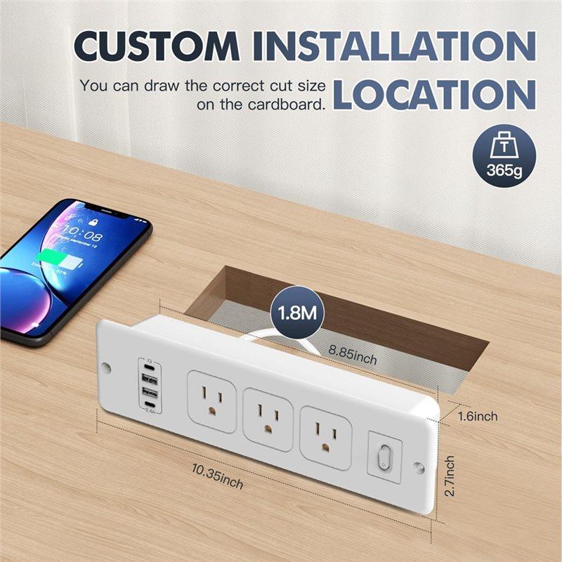BAAJ-US Plug Recessed Power Strip With 2 USB-C 2 USB-A Ports- Flush Mount Desk Outlet For Furniture Charging Station A