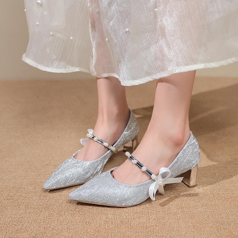 New One-line with Pointed Toe Shallow Single Shoes Feminine Pearl Bow Non-tiring Feet Non-slip Block Heel High Heels