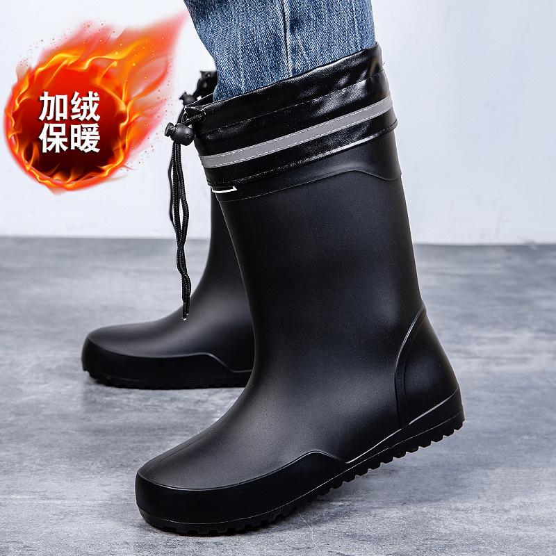 Water shoes high-end medium tube flat-soled rain shoes men's waterproof elastic bundle fixed cotton lint rain boots waterproof rubber shoes
