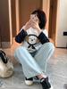 Shuangtian 2026 Plus Size Women's T-Shirt with Mesh Sleeves & Cartoon Embroidery