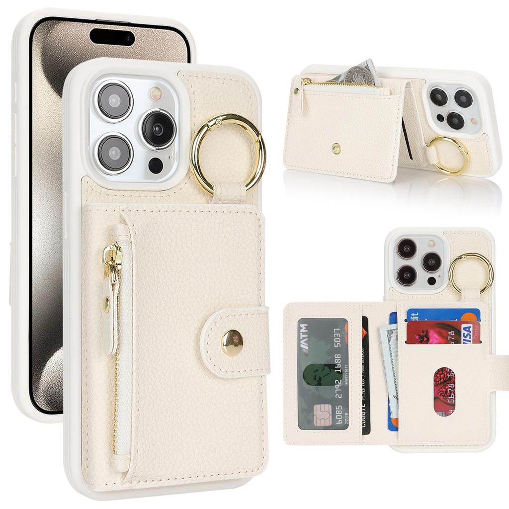 Applicable to iPhone16 mobile phone case 15Pro lychee pattern zipper change bag insert card ring buckle 14plus card bag