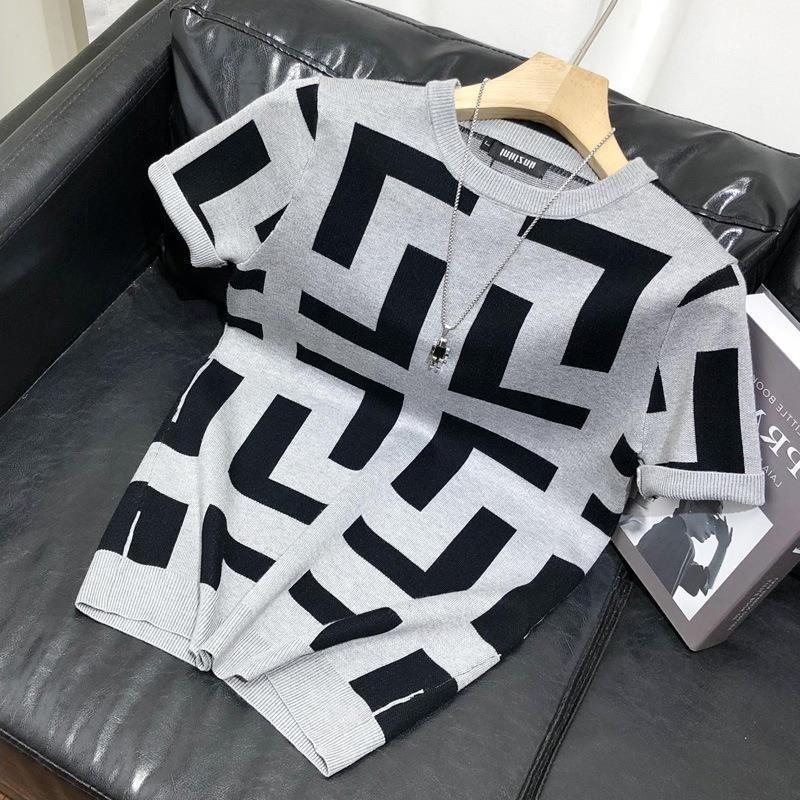 Spring and Autumn Geometric Pattern Base Shirt for Men, Slim Fit Casual Short Sleeve Knit Top