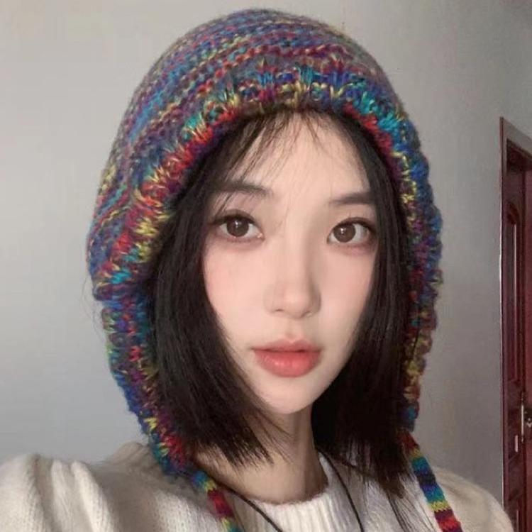 Color wool hat female cute loli pullover strap warm knitted headgear mixed color ear protection hat