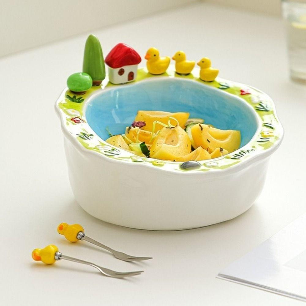 Little Duck House Shape Fruit Bowl with Fork Cartoon Snack Plate Creative Salad Plate Living Room
