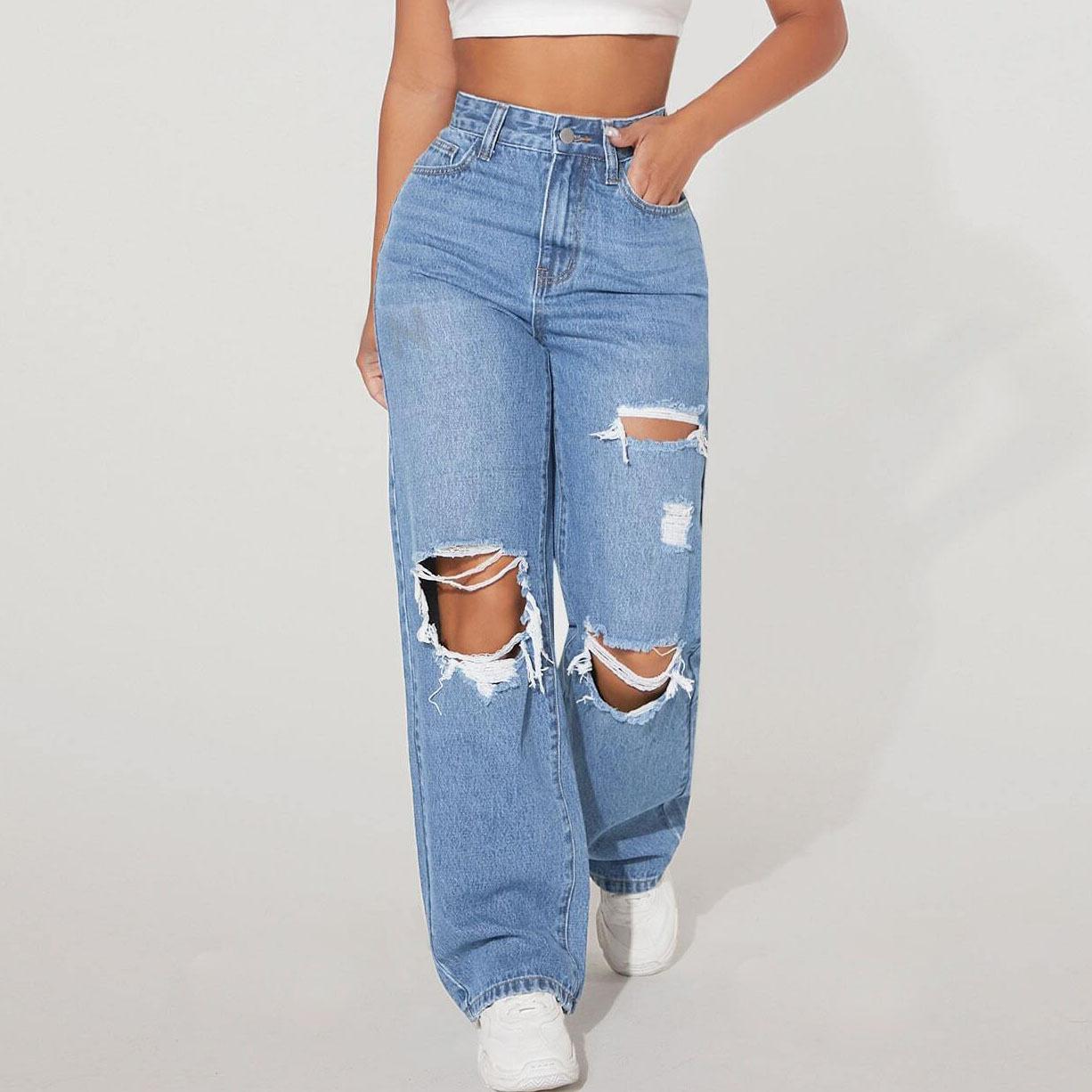 

Женские джинсы с прорезями на коленях Свободные Удобные и Повседневные Полностью Подходящие Прямые Микроэластичные Джинсы M светло-синий