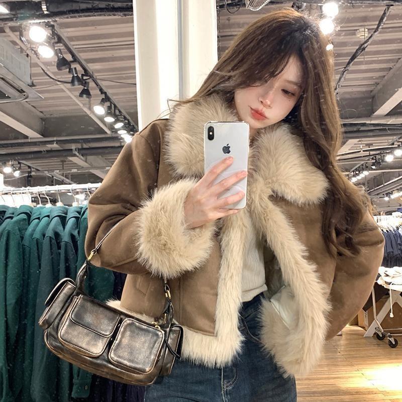 Retro fur integrated brown suede short fur jacket women's thin fur top autumn and winter