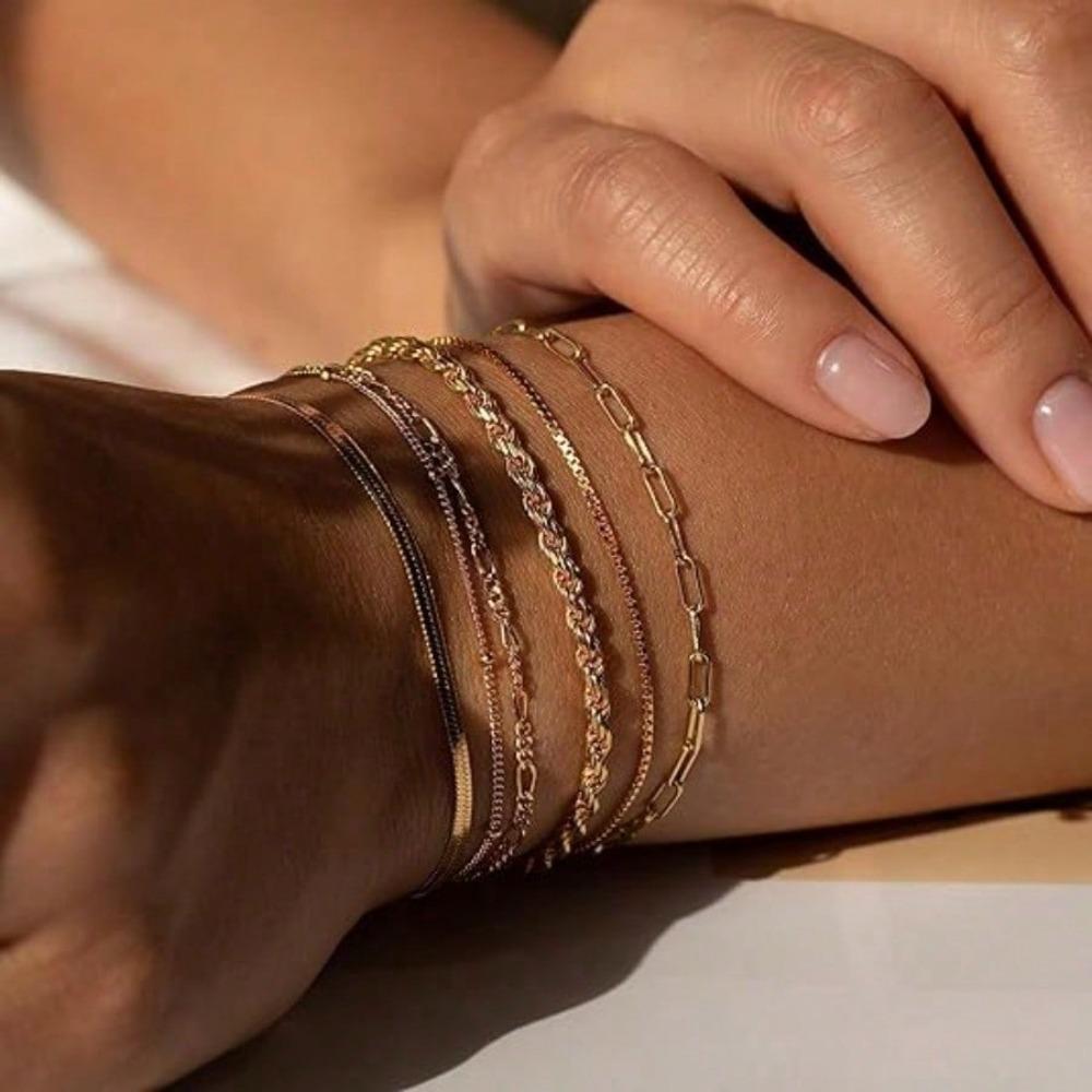 6Pcs Trendy Gold Plated Bracelet Set Women Waterproof Thin Stackable Cuban Paperclip Chain Bracelets Fashion Jewelry Gift
