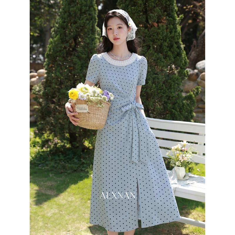Women s Blue Polka Dot French Tea Dress M