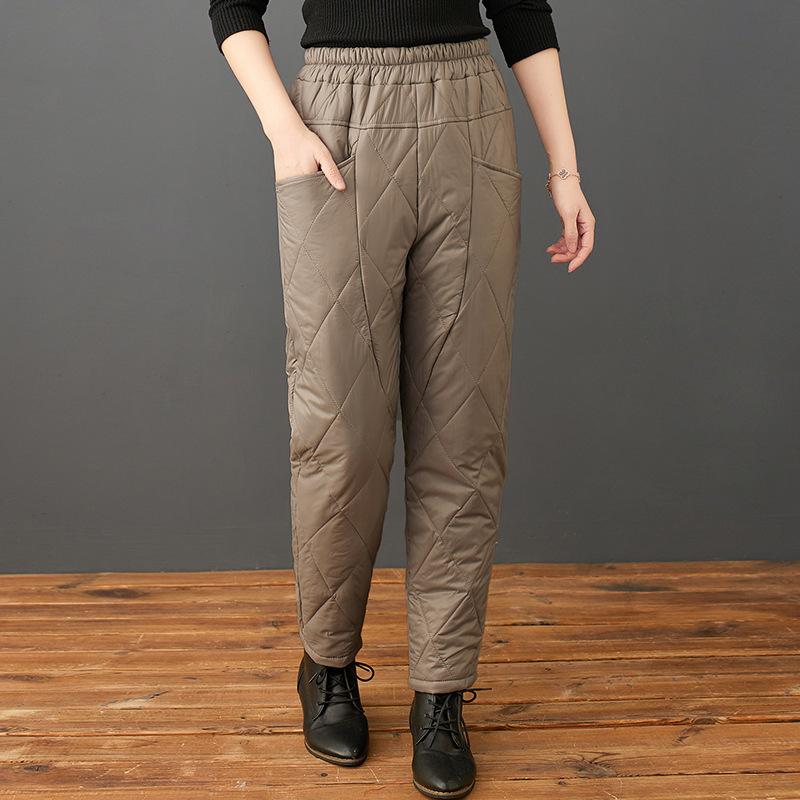 Damskie zimowe spodnie casualowe wyszczuplające z wysokim stanem, pikowane w romby, w jednolitym kolorze, termiczne na chłodną pogodę