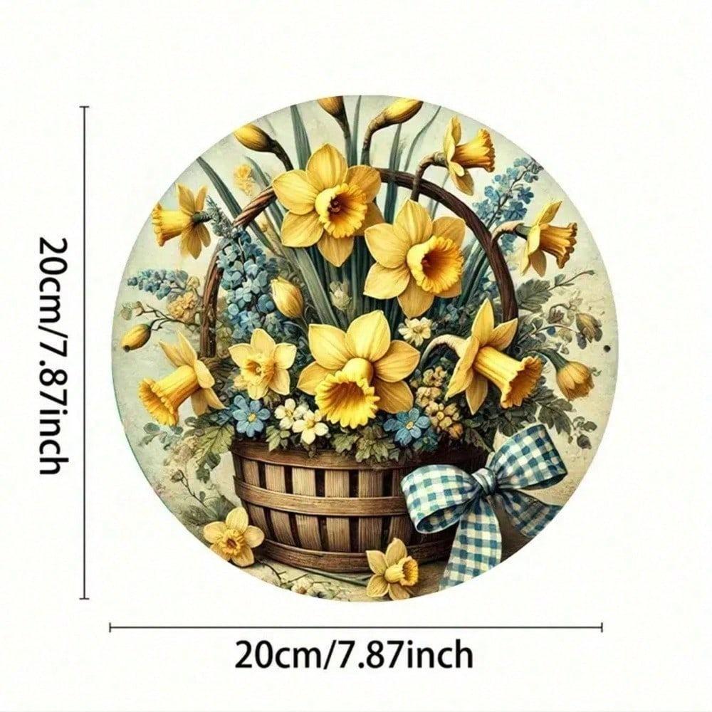Spring Wreath Door Sign 8x8in, Metal Round with Daffodils & Bells, Waterproof Print