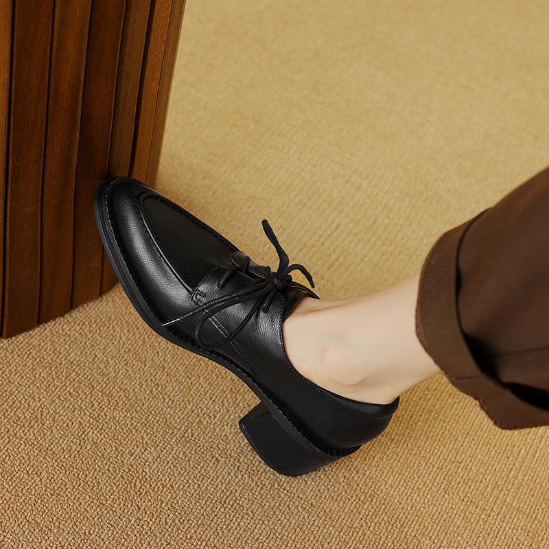 2024 Nový Luxusní Design Dámské Ležérní Kožené Boty Pravá Kůže Boty na Vysokém Podpatku s Kulatou Špičkou Britské Šněrovací Derby Boty Lodičky