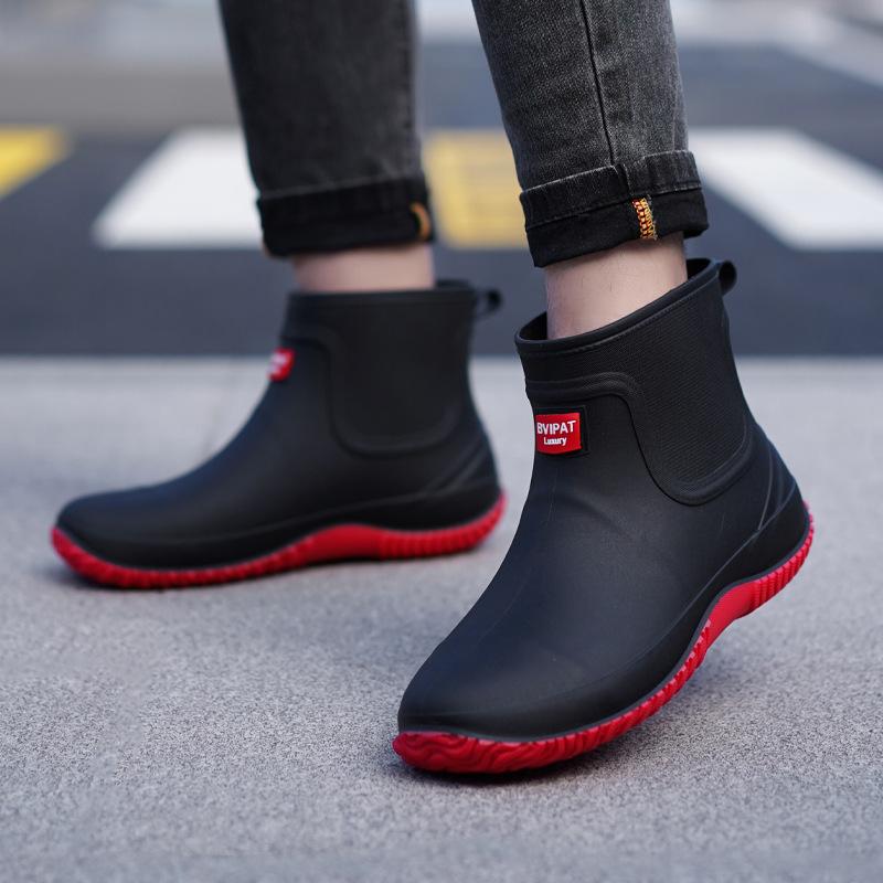 Fashion Rain Shoes Men's Short Tube Velvet Removable Four-season Comfortable Non-slip Kitchen Rubber Shoes Waterproof Car Wash Shoes Men