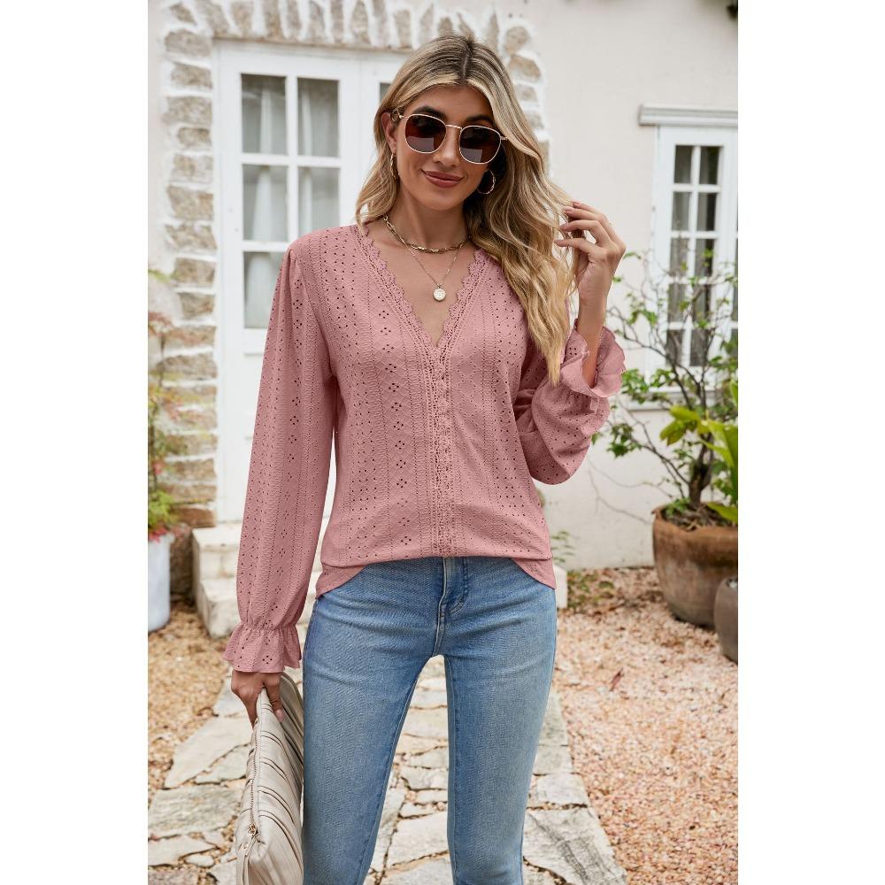 Women's Lace V Neck Blouse Long Sleeve Eyelet Embroidery Casual Loose Fit Shirt