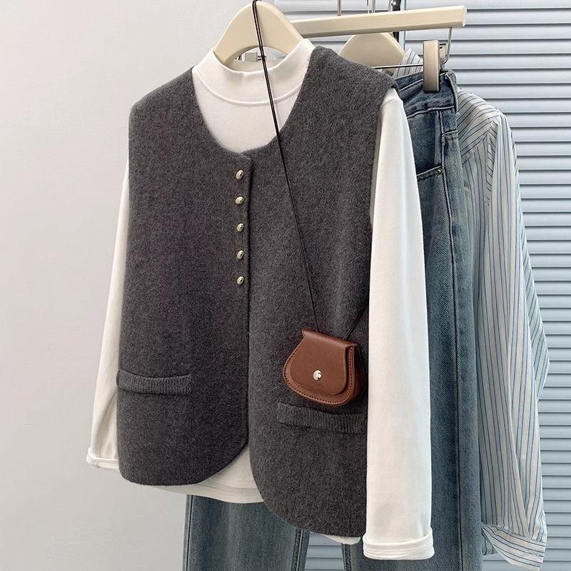 Round Neck Knitted Vest Loose Waistcoat Elegant Sweater Vest Top