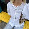 Leopard Bow Lace Up Women Shirts Blouses 2024 Loose Solid Puff Sleeve Pleat Shirt Top Spring Summer New Cropped Lady Streetwear