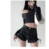 Drawstring Denim Shorts Women's Summer Design Sense High Waist Stretch Slimming Tight Wide Legs
