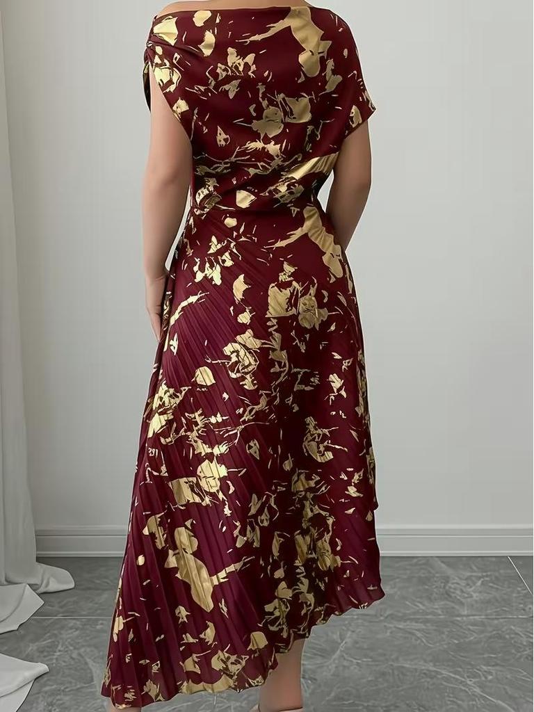 Asymmetrical Shoulder Gold Foil Pleated Dress for Women