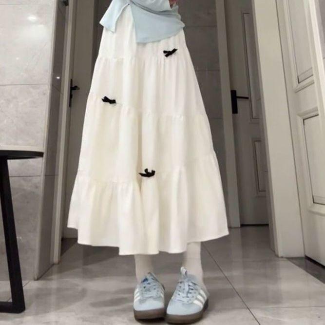 

Женская белая юбка-зонт А-силуэта с высокой талией и 3D бантом - Многоярусный дизайн торта для весны/осени - Элегантный стиль облегающего кроя L