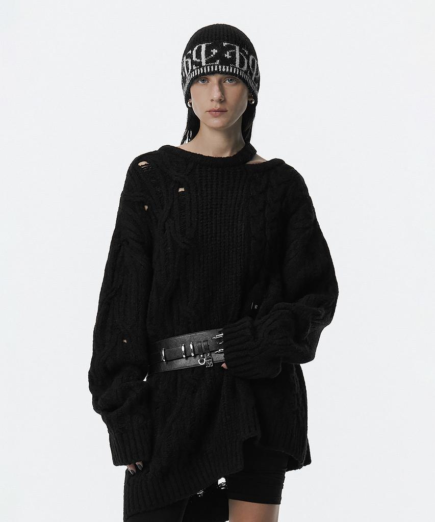 Teulimingbeodeu Mixed Cable Knit Pullover [ Black ]