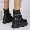 Fashion Women's Gothic Chunky Platform Ankle Boots Thick Bottom Wedges PU Leather Shoes Woman Rivet Buckle Decor Black Punk Boots 35 43