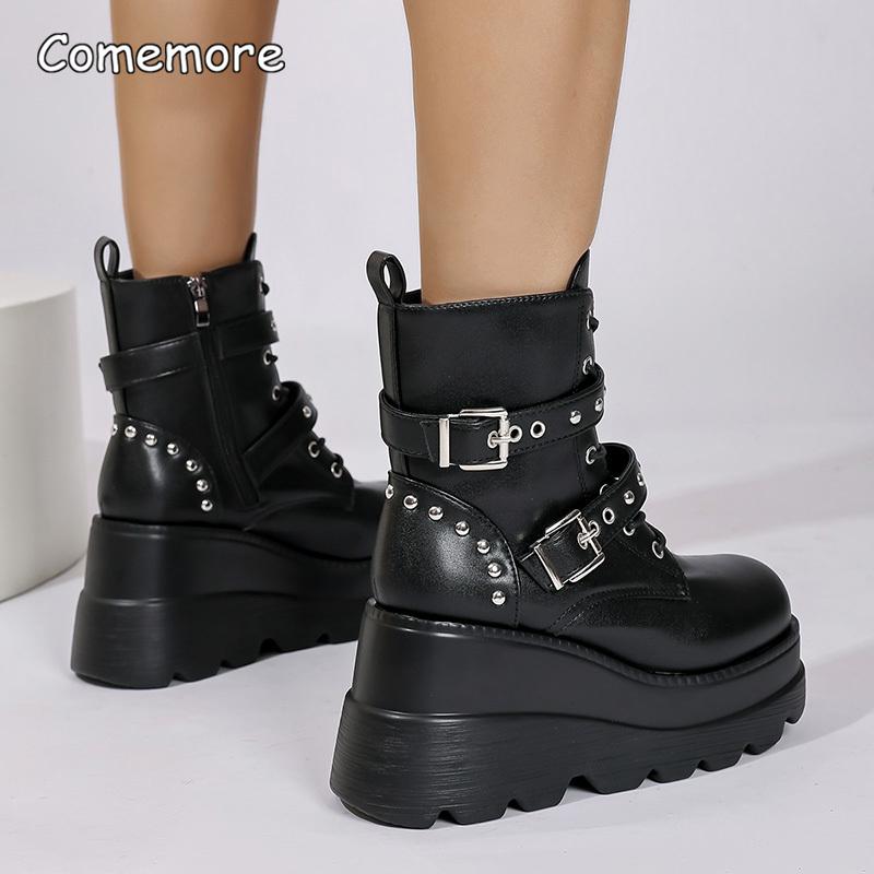Fashion Women's Gothic Chunky Platform Ankle Boots Thick Bottom Wedges PU Leather Shoes Woman Rivet Buckle Decor Black Punk Boots 35 43