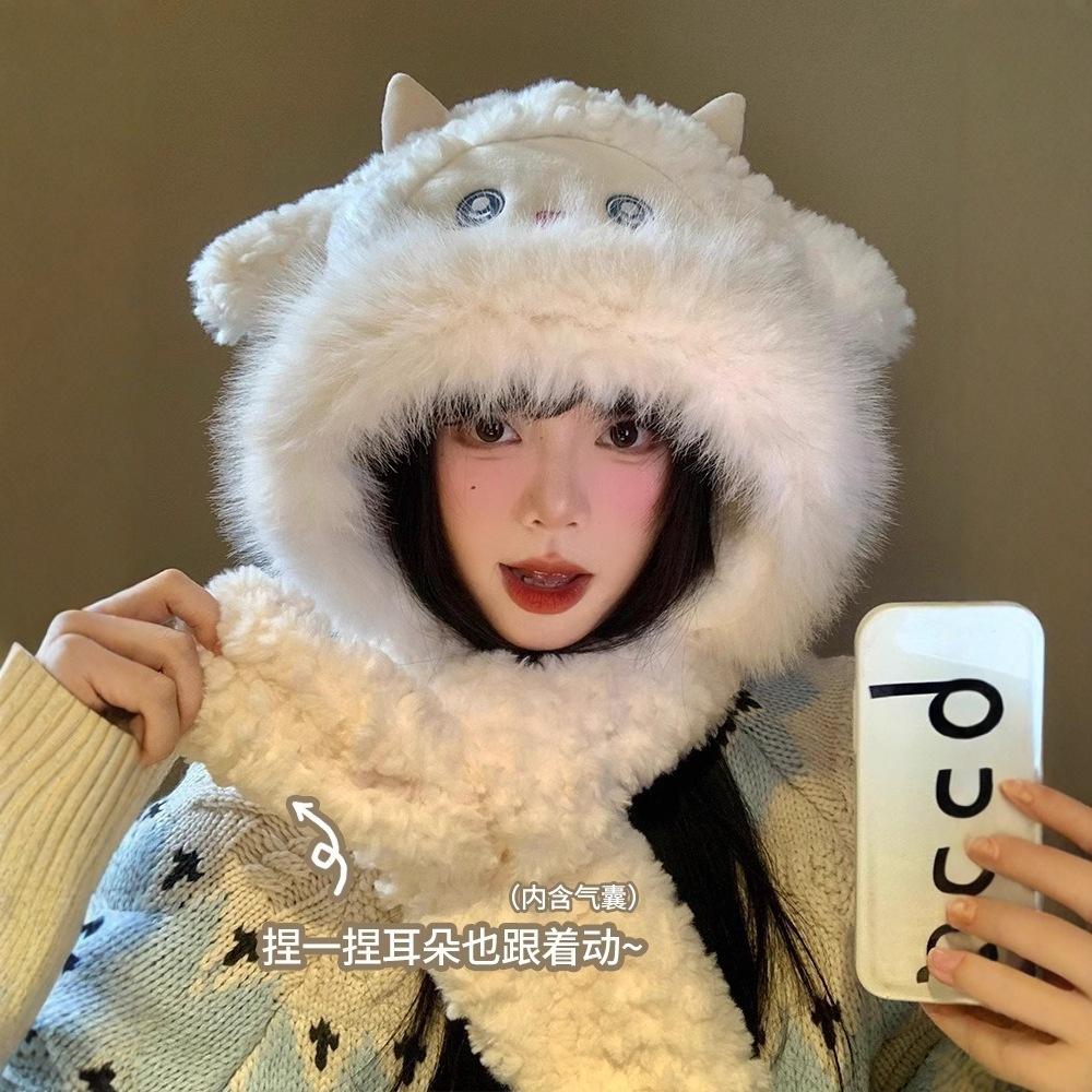 Cute Little Sheep Plush Hat Women's Winter New Cold-proof and Warm Hat Scarf Integrated Thickened Ear Protector Lei Feng Hat