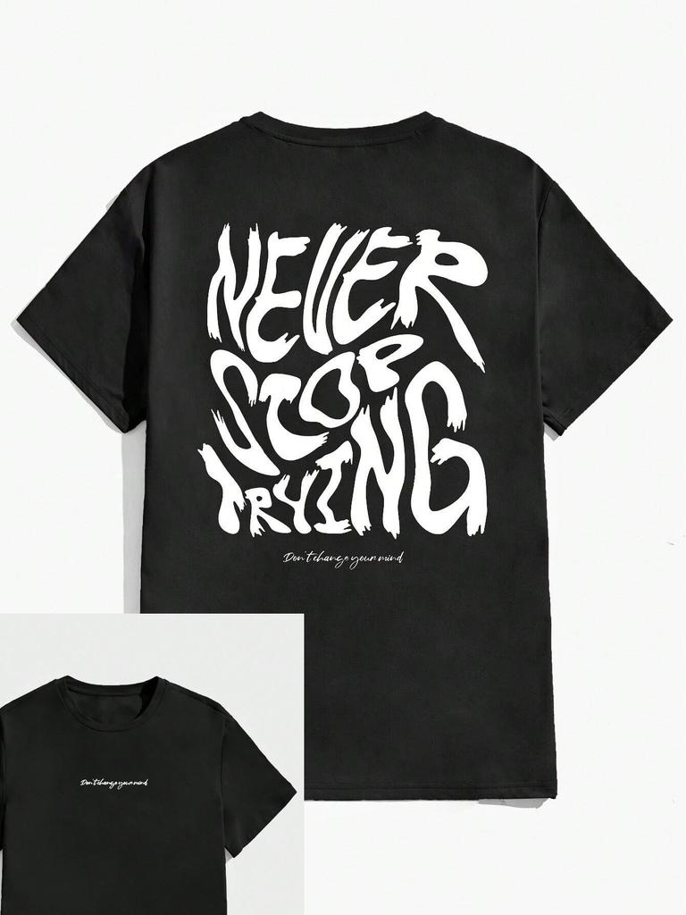 Letter Graphic Printed T-Shirt Men Summer Fashion Street Trend Cotton Short Sleeve Loose Comfortable Crew Neck Top Mens Clothing