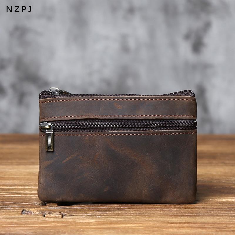 NZPJ Men's Real Leather Card Bag Vintage First Layer Cowhide Lady's Change Purse Zipper Wallet Key Bag Driver's License Bag