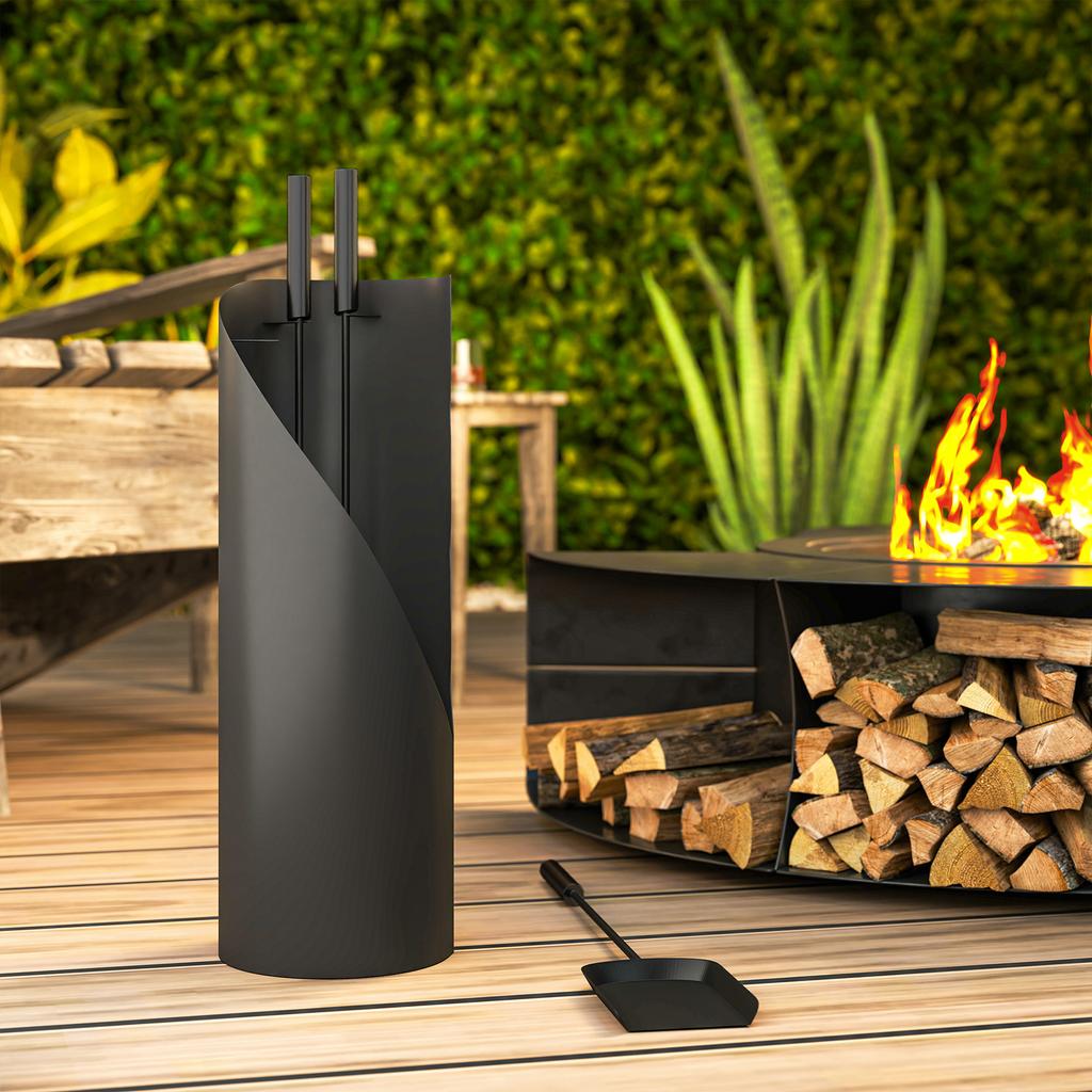 4-Piece Fireplace Tool Set with Broom, Shovel, Poker and Stand, In Metal 20 X 20 X 65 Cm, Black