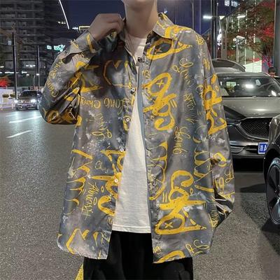 Summer New Youth Students Hong Kong Style Full Printed Short-Sleeved Shirt Korean Style Shirt Men's Long Sleeve Casual Top Shirt Coat