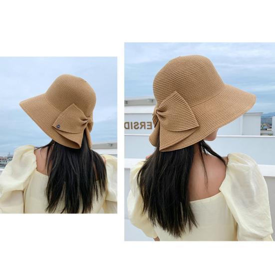Frauen Sommer Zurück Bowknot Dekor Sonnenhut Breite Krempe Runde Kuppel Atmungsaktive Einstellbare Anti-UV Strand Stroh Hut