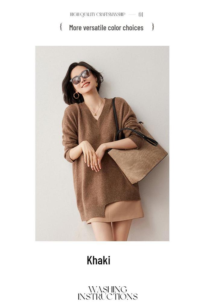 2024 Women's V-Neck Cashmere Wool Knit Mid-Length Sweater - Thick, Loose, Lazy Style.