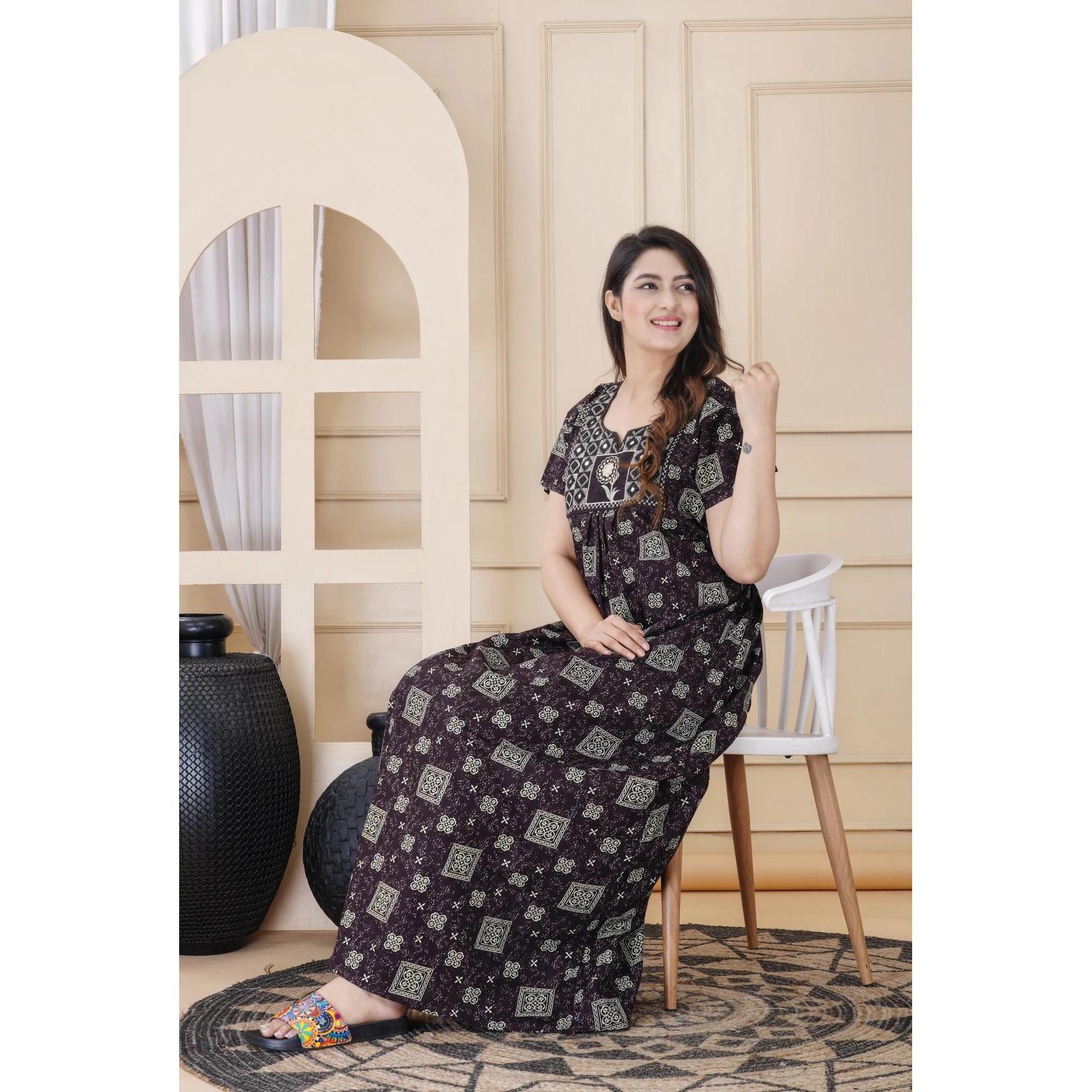 Designer Cotton Embroidery Nighty Indian Women Sleepwear Nightwear Gown Dress Free