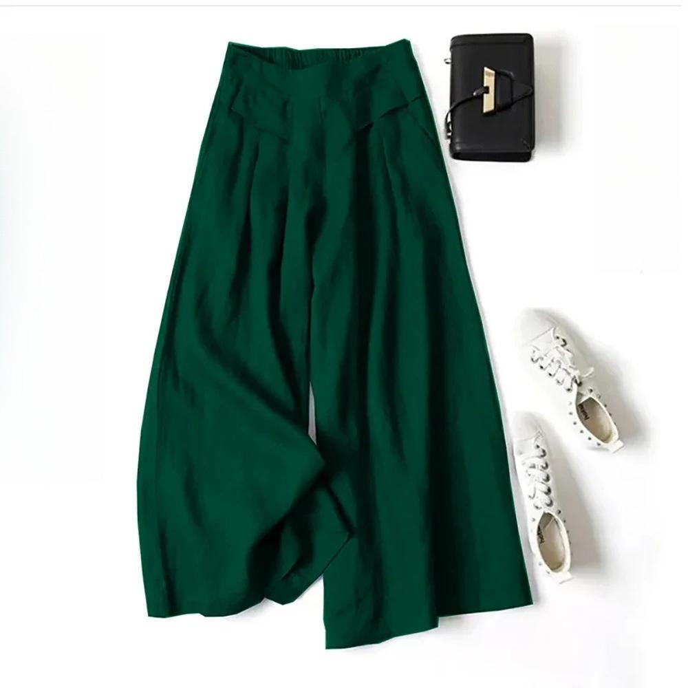 

Summer Pants for Women Cotton Linen Large Size Wide Leg Pants Femme Arts Style Elastic Waist Solid Casual Loose Pan 3XL зелений