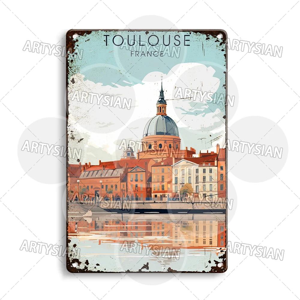 France Travel Cityscape Metal Sign Paris Lyon Toulouse Cahors Nice Arcachon Colmar MontSaintMichel StPauldeVence Annecy 20x30cm(7.8x11.8inch)