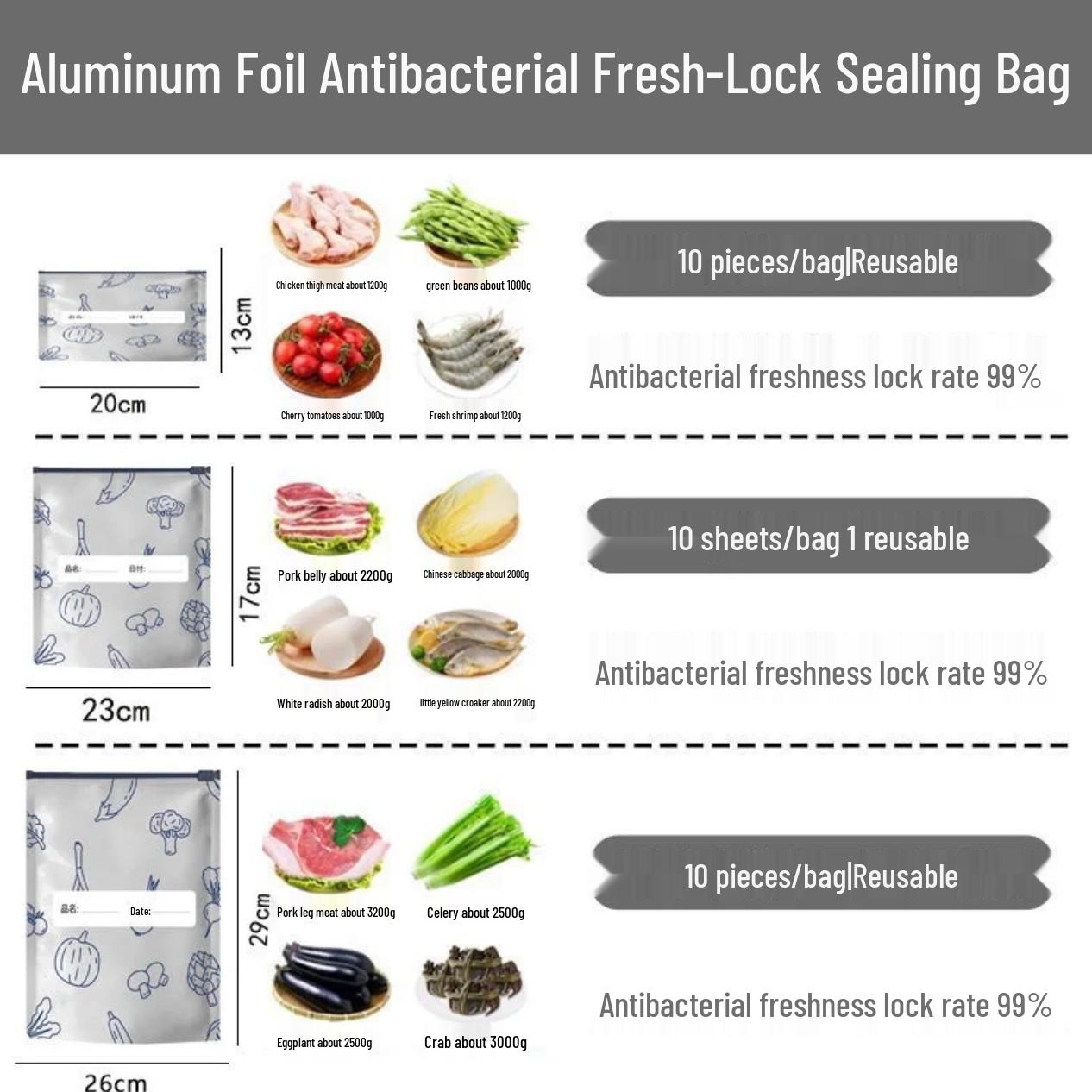 Food Grade Aluminum Foil Zipper Bag - Fresh-keeping, Multi-spec, Freezer Storage Pack of 10