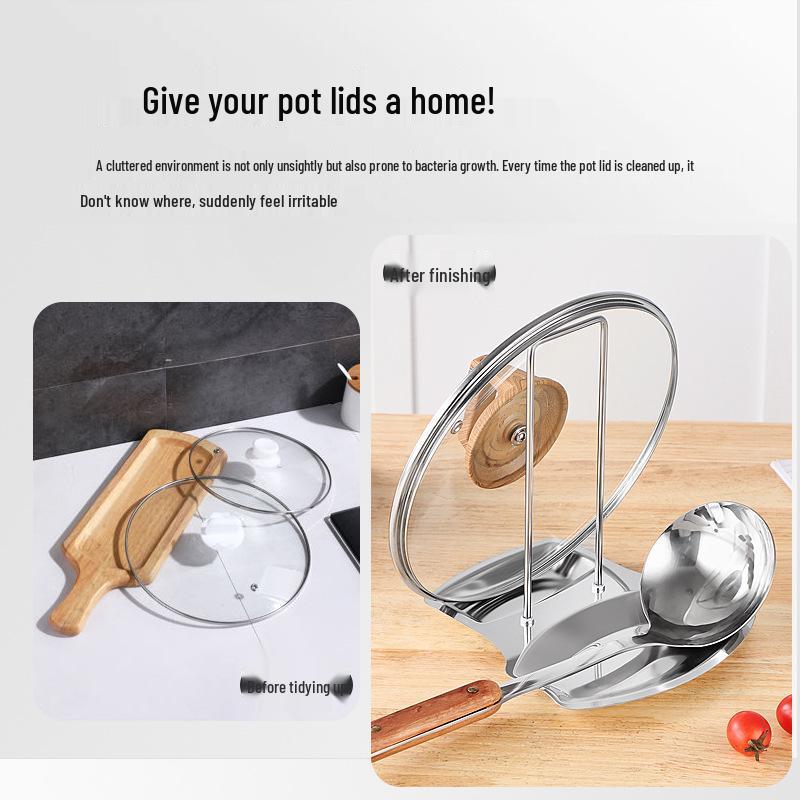 Stainless Steel Pot Lid and Ladle Rack - Tabletop, No-Drill, Removable Drain Shelf