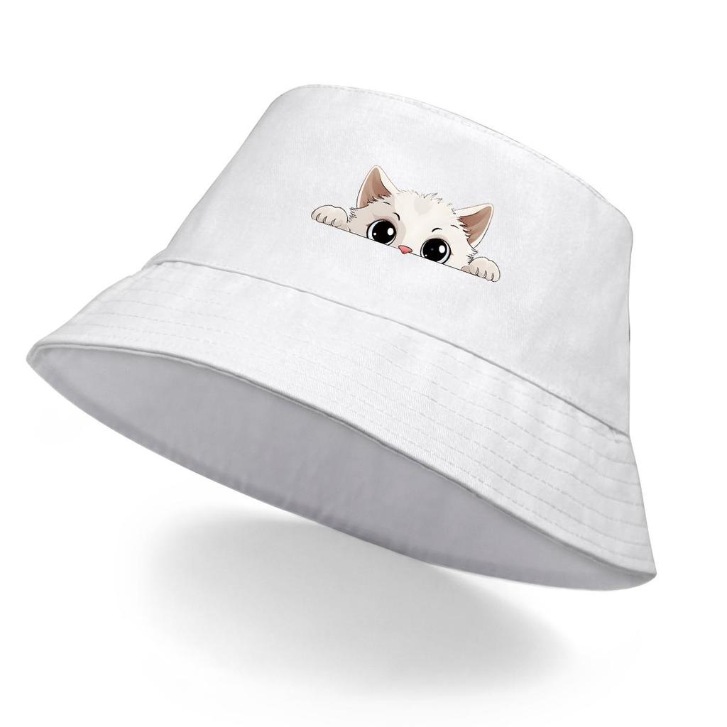 Bucket Hat With White Cat Print , Cartoon Pet Fisherman Hat Spring Lightweight Foldable Beach Hat